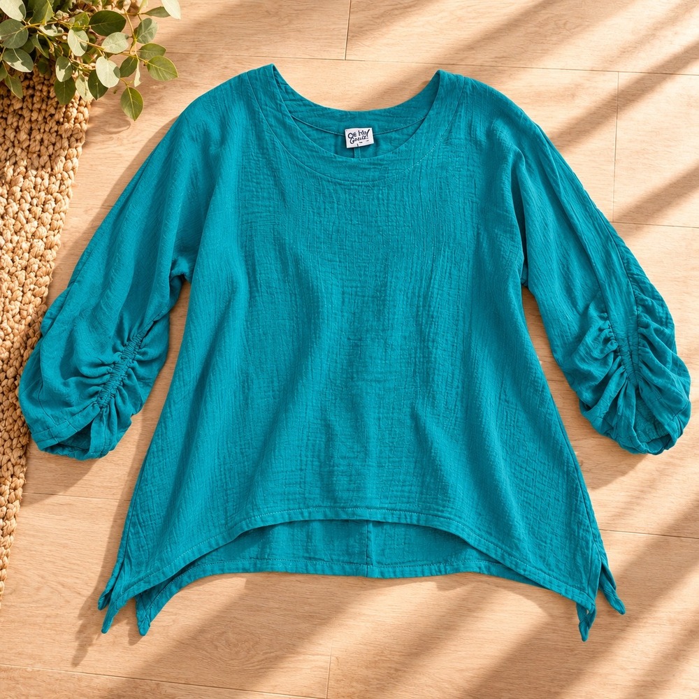 Oh My Gauze L/XL Teal Cotton Ruched Sleeve Sharkbite Top Lagenlook Boho Tunic